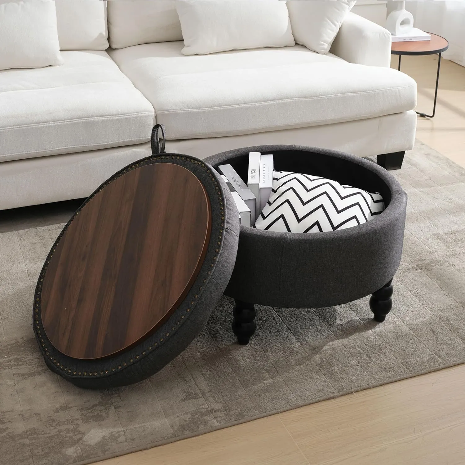 30 Inch Fabric Round Storage Ottoman, Modern Upholstered Tufted Coffee Table with Storage, Oversized Living Room Footrest Stool Ottoman with Try, Dark Gray