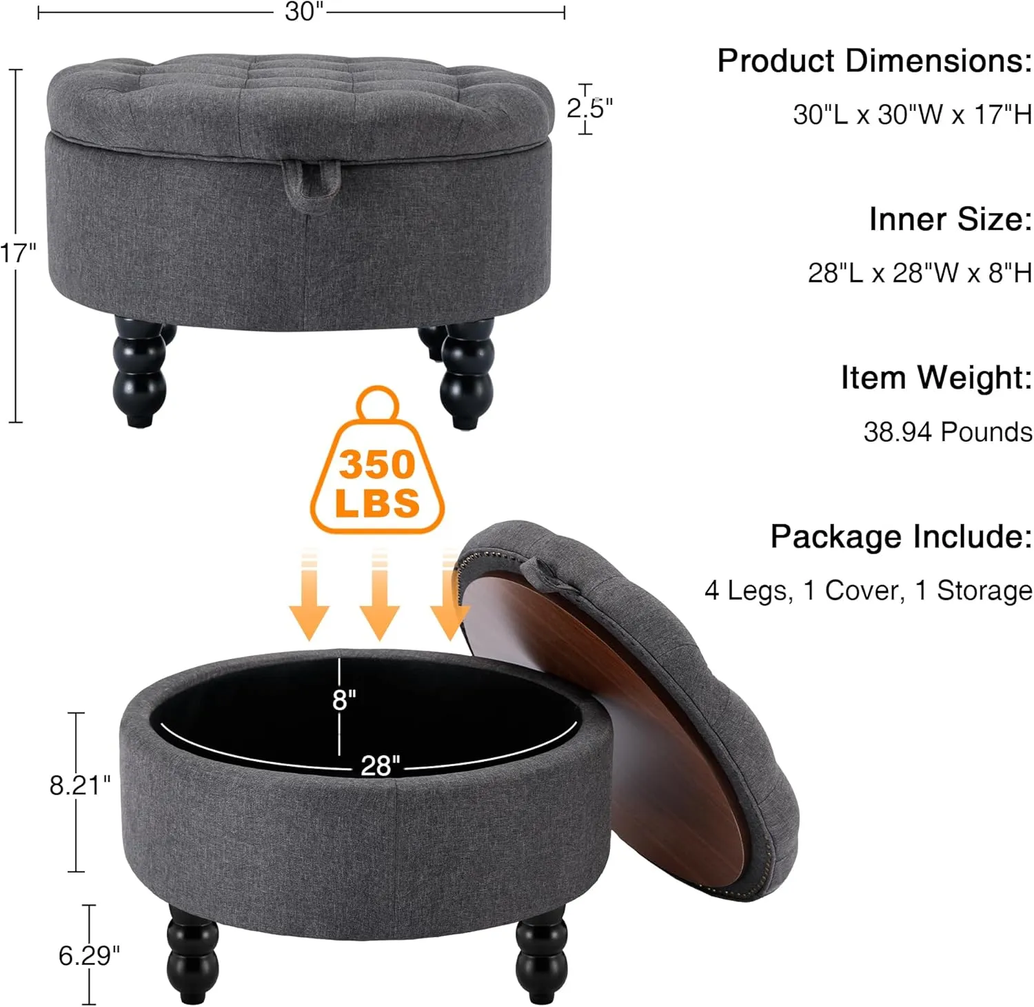 30 Inch Fabric Round Storage Ottoman, Modern Upholstered Tufted Coffee Table with Storage, Oversized Living Room Footrest Stool Ottoman with Try, Dark Gray