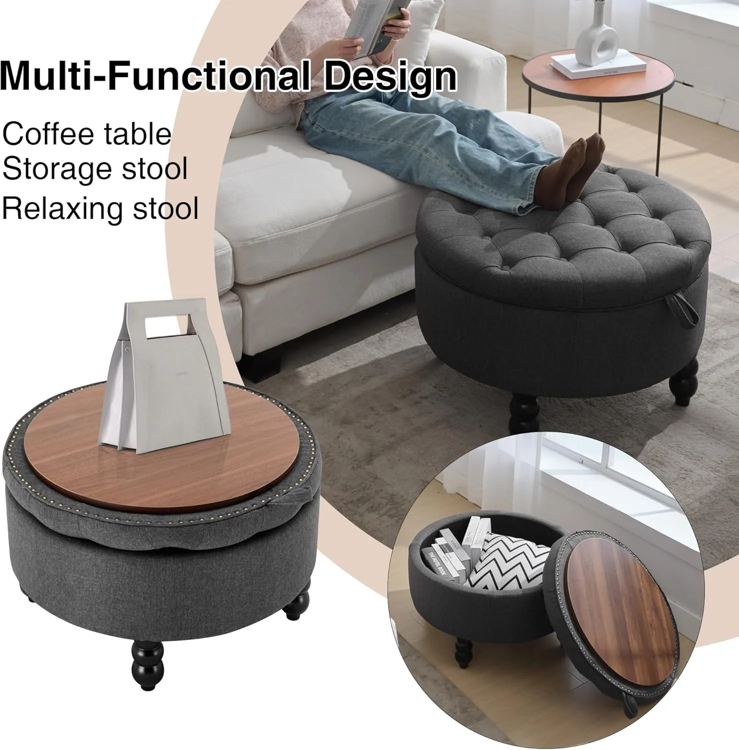 30 Inch Fabric Round Storage Ottoman, Modern Upholstered Tufted Coffee Table with Storage, Oversized Living Room Footrest Stool Ottoman with Try, Dark Gray