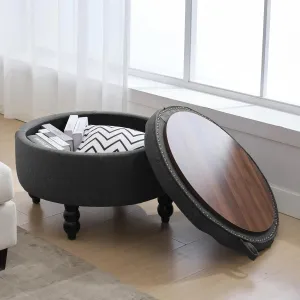 30 Inch Fabric Round Storage Ottoman, Modern Upholstered Tufted Coffee Table with Storage, Oversized Living Room Footrest Stool Ottoman with Try, Dark Gray