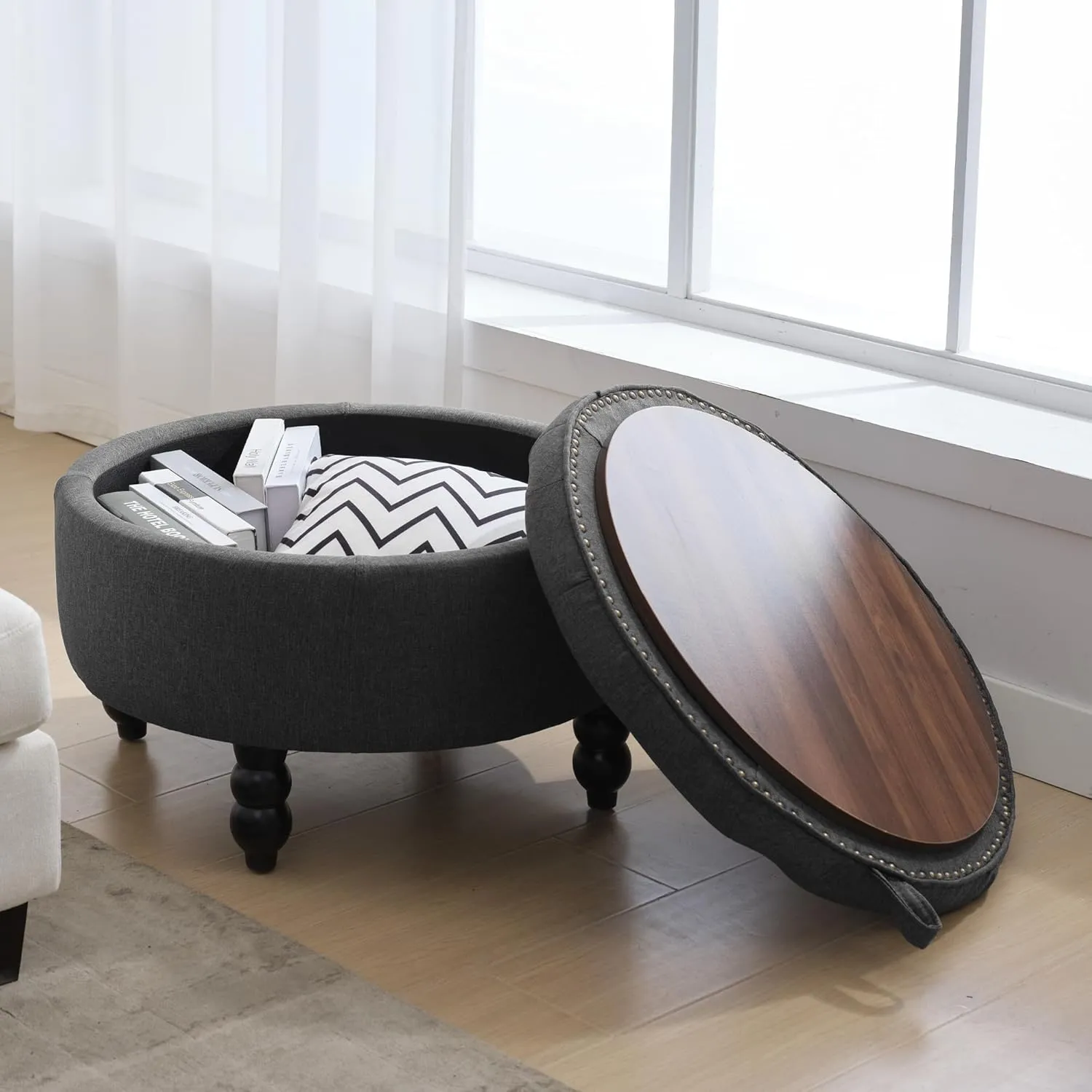 30 Inch Fabric Round Storage Ottoman, Modern Upholstered Tufted Coffee Table with Storage, Oversized Living Room Footrest Stool Ottoman with Try, Dark Gray