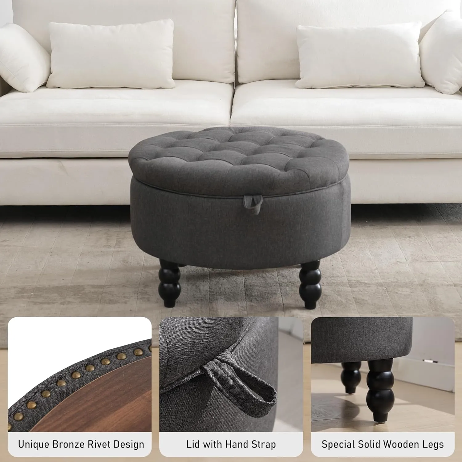 30 Inch Fabric Round Storage Ottoman, Modern Upholstered Tufted Coffee Table with Storage, Oversized Living Room Footrest Stool Ottoman with Try, Dark Gray