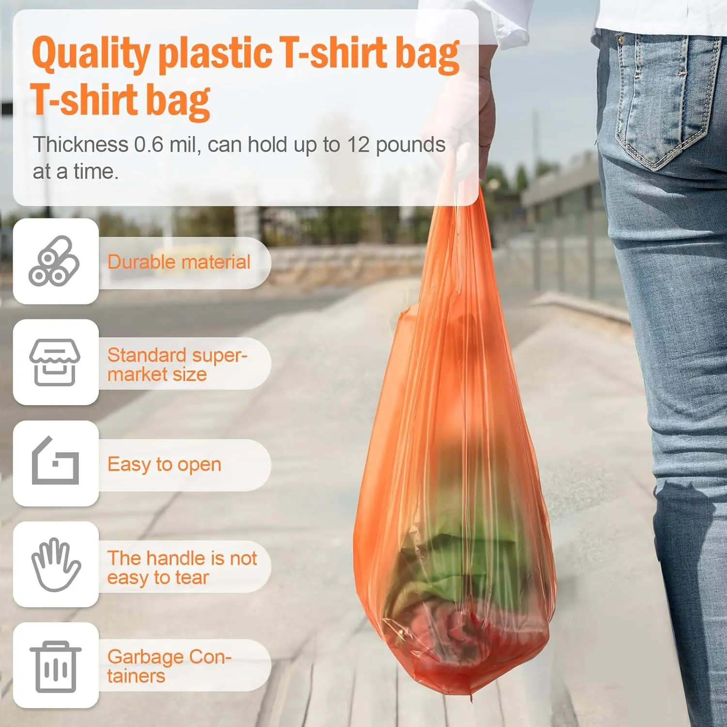 300 Pcs T Shirt Bags Bulk Plastic Shopping Grocery Retail Bags with Handles 12 x 20 Inch for Small Business, Supermarket, Restaurant(Orange)