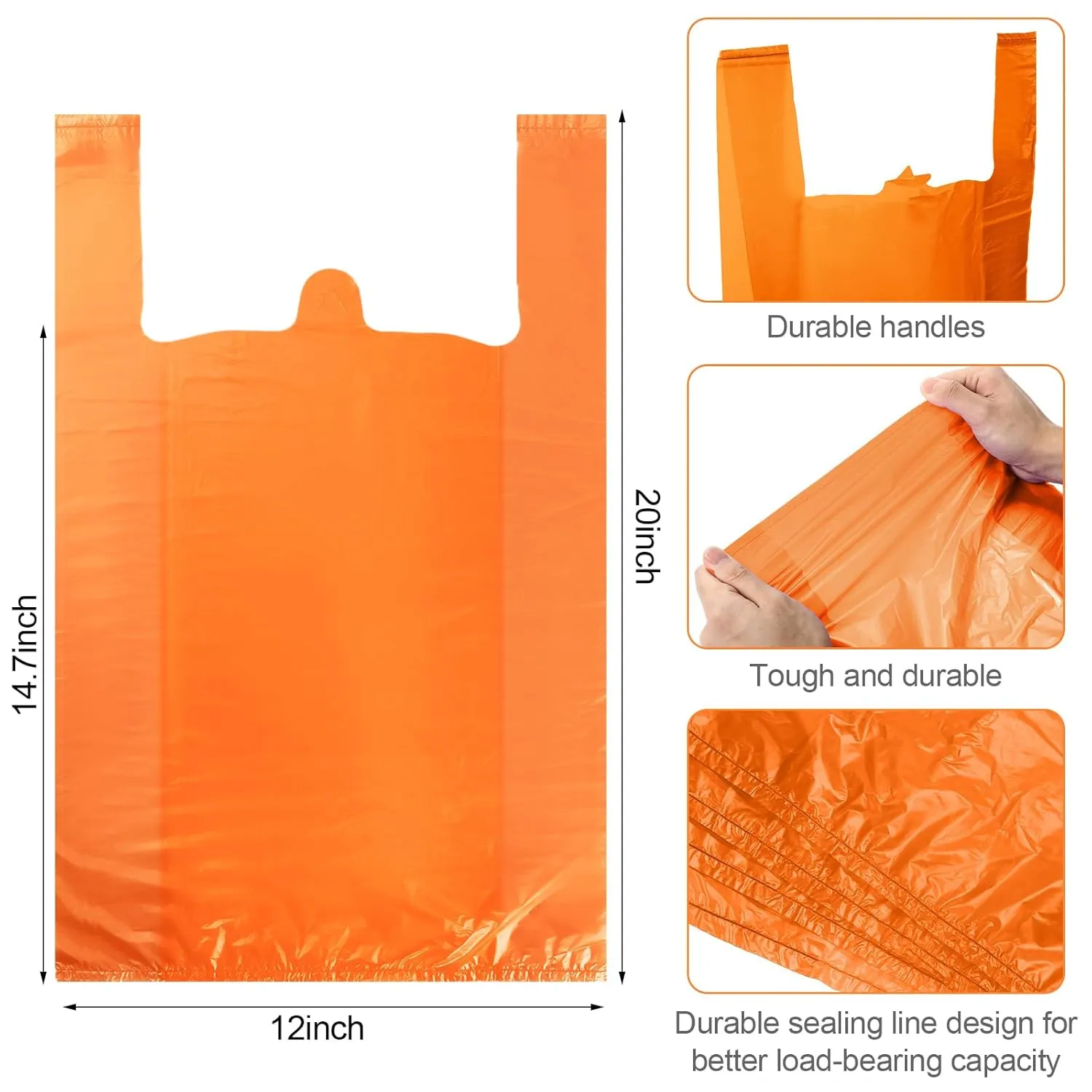 300 Pcs T Shirt Bags Bulk Plastic Shopping Grocery Retail Bags with Handles 12 x 20 Inch for Small Business, Supermarket, Restaurant(Orange)