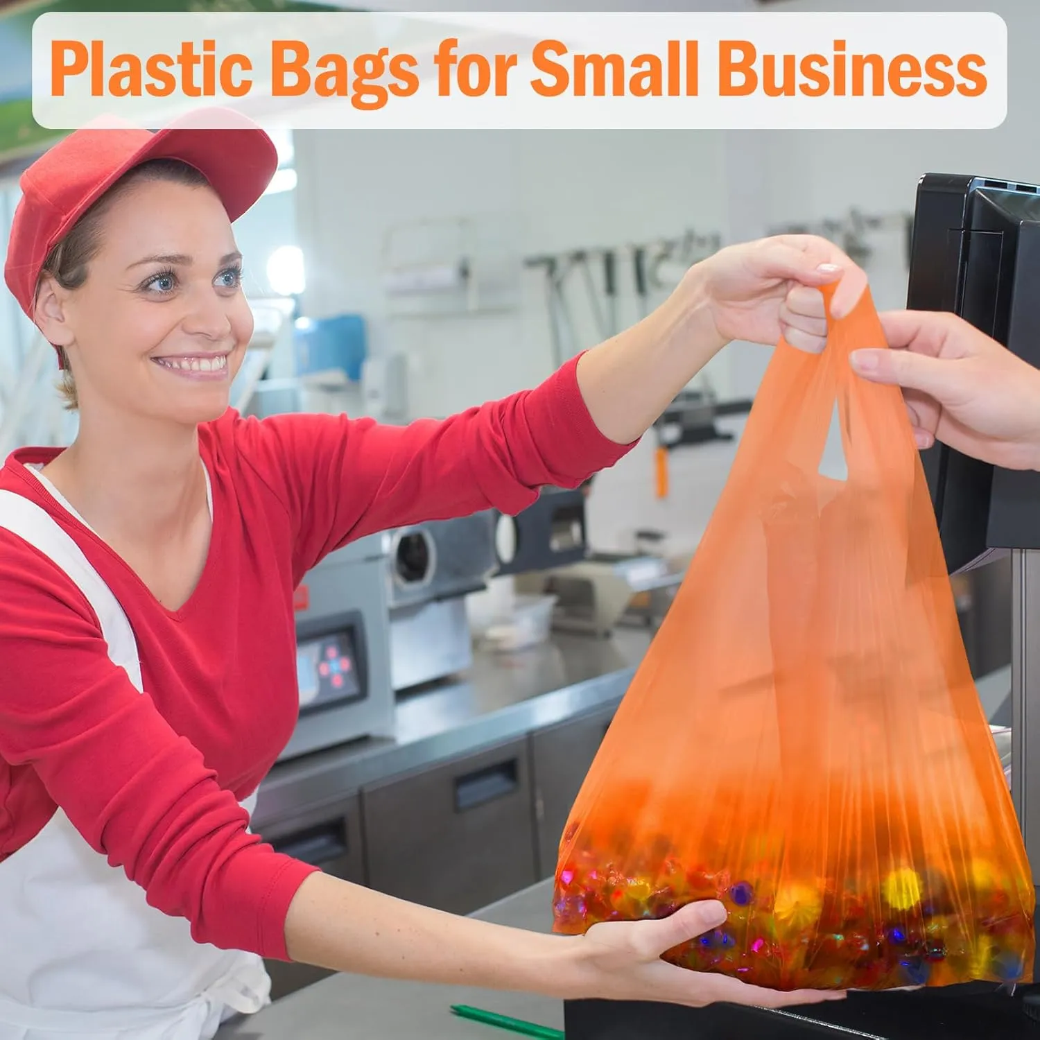 300 Pcs T Shirt Bags Bulk Plastic Shopping Grocery Retail Bags with Handles 12 x 20 Inch for Small Business, Supermarket, Restaurant(Orange)