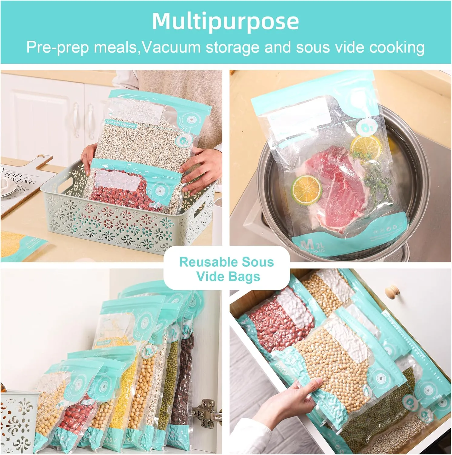 31 PCS Electric Vacuum Sealer, Sous Vide Bags, Portable Mini Vacuum Sealer with 20Pcs Reusable Food Saver Sealer Bags, 4 Sealing Clip, 2 Clips for Sous Vide Cooking, 2 vacuum wine stoppers