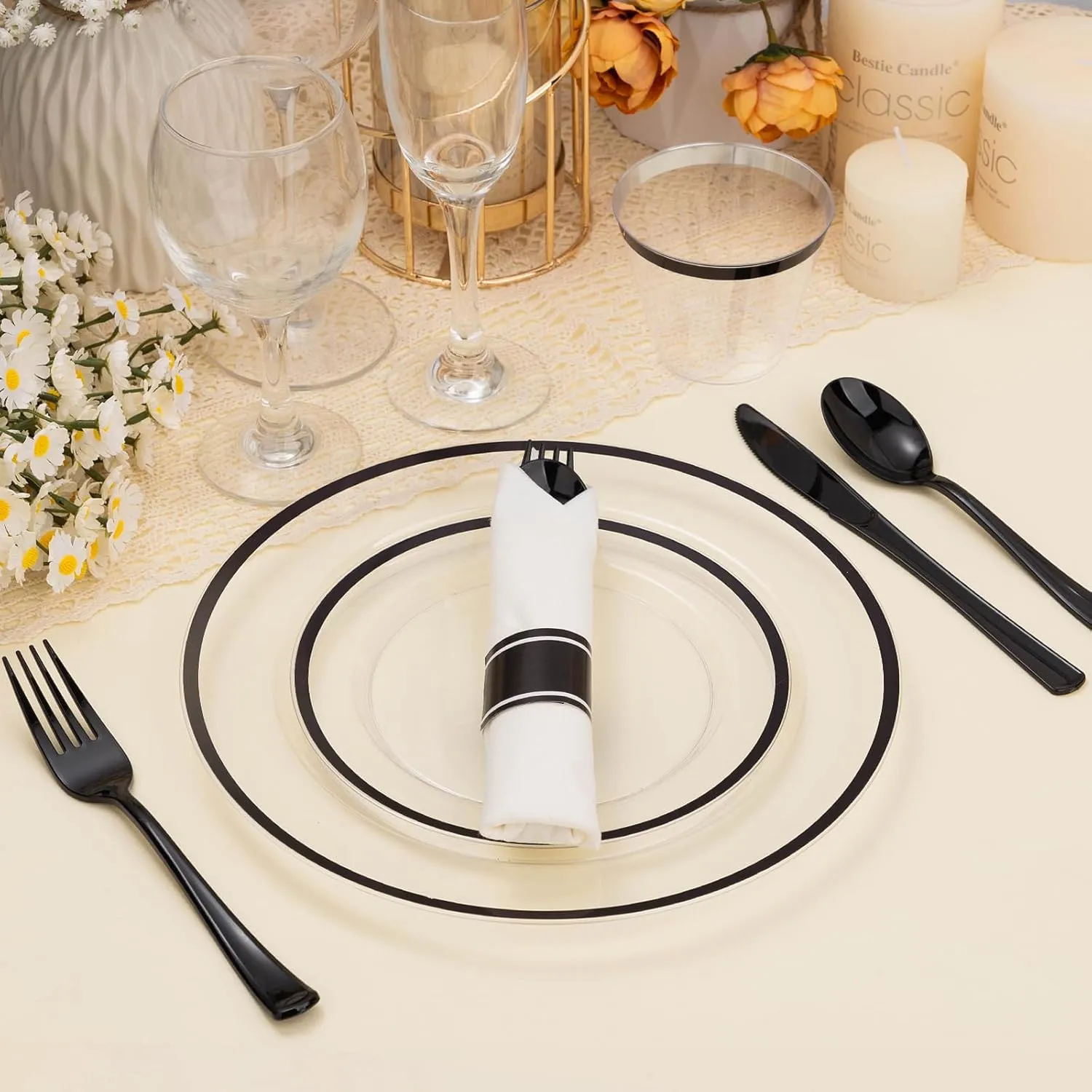 350PCS Clear & Black Disposable Party Set for 50 Guests - 100 Plates, 50 Cups, 50 Napkins & Plastic Cutlery