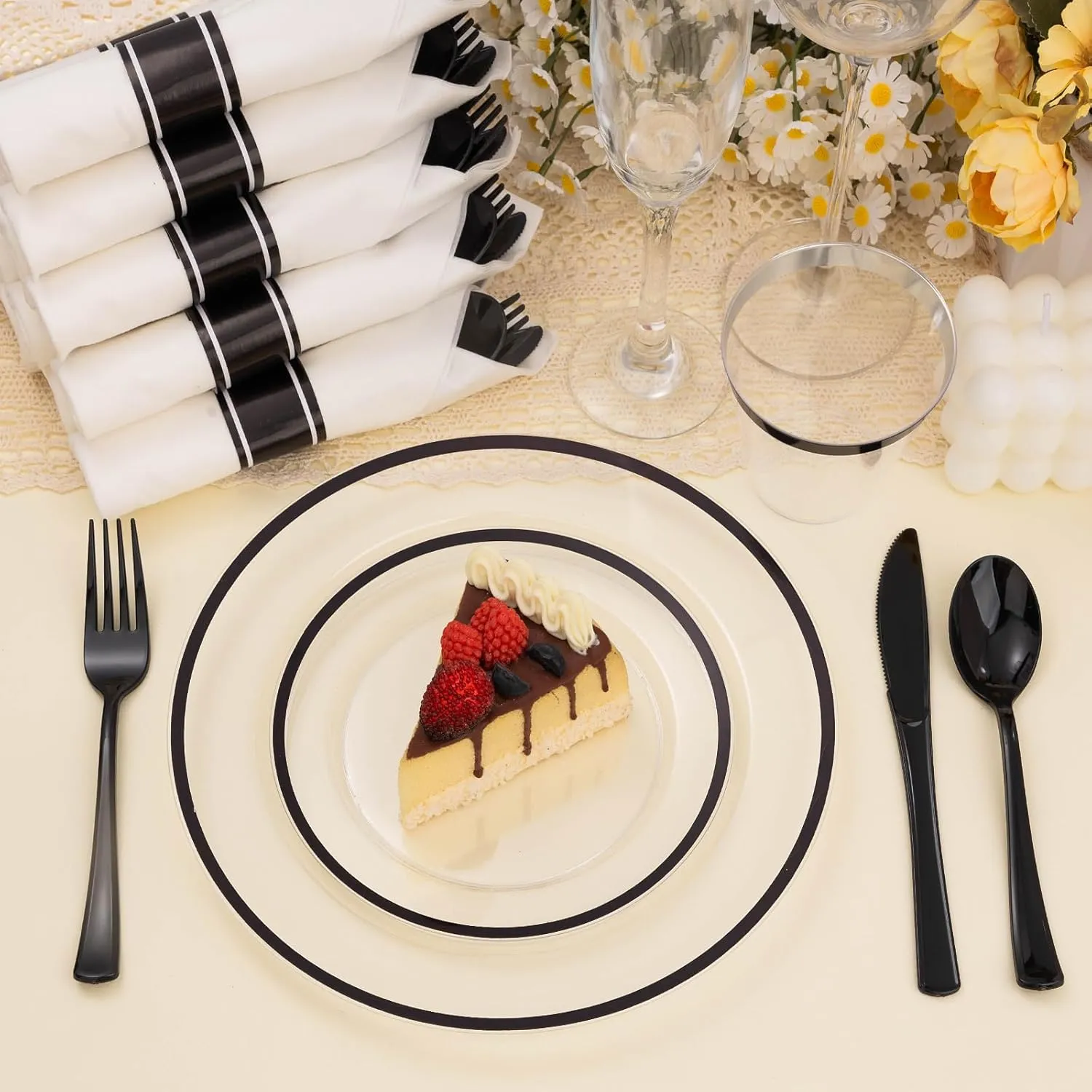 350PCS Clear & Black Disposable Party Set for 50 Guests - 100 Plates, 50 Cups, 50 Napkins & Plastic Cutlery
