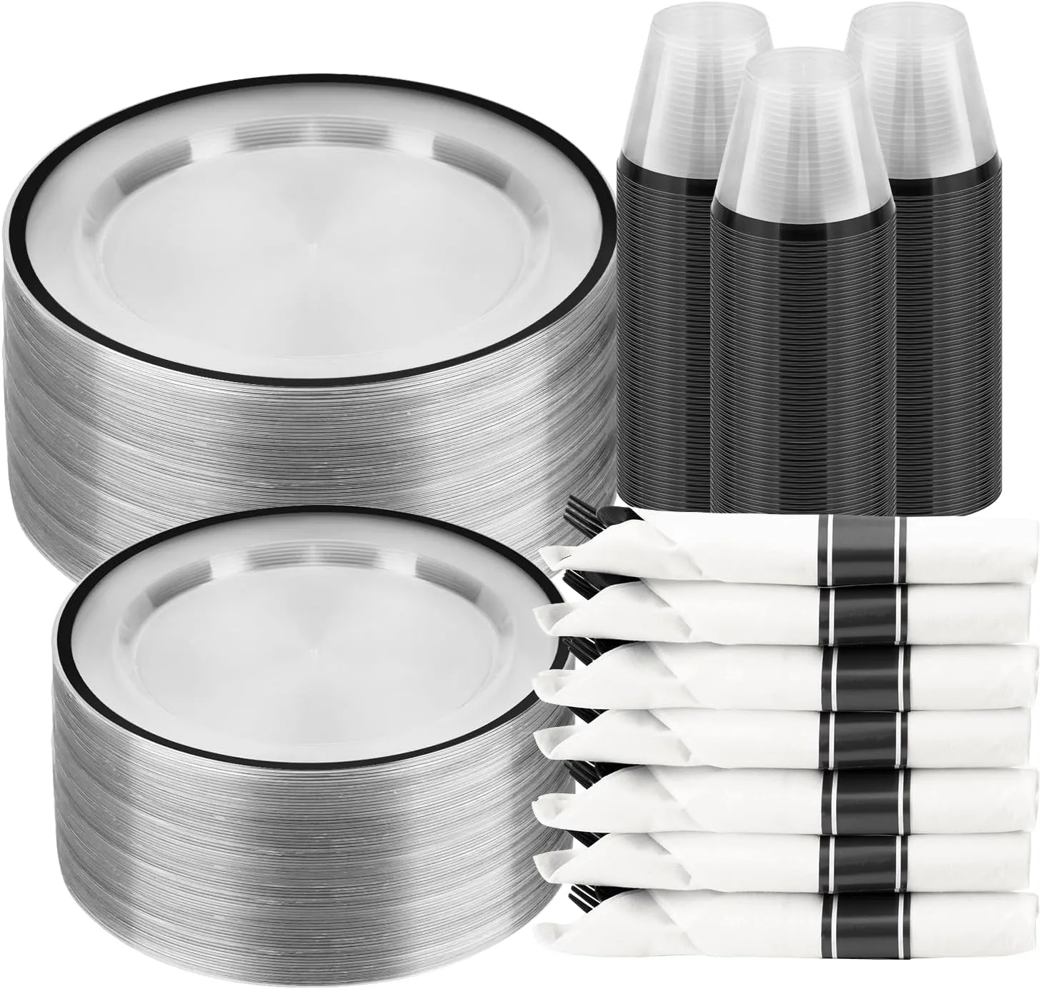 350PCS Clear & Black Disposable Party Set for 50 Guests - 100 Plates, 50 Cups, 50 Napkins & Plastic Cutlery