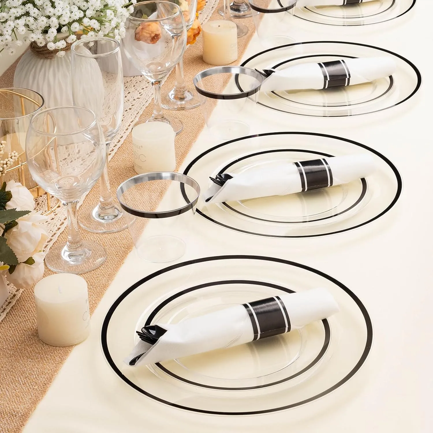 350PCS Clear & Black Disposable Party Set for 50 Guests - 100 Plates, 50 Cups, 50 Napkins & Plastic Cutlery