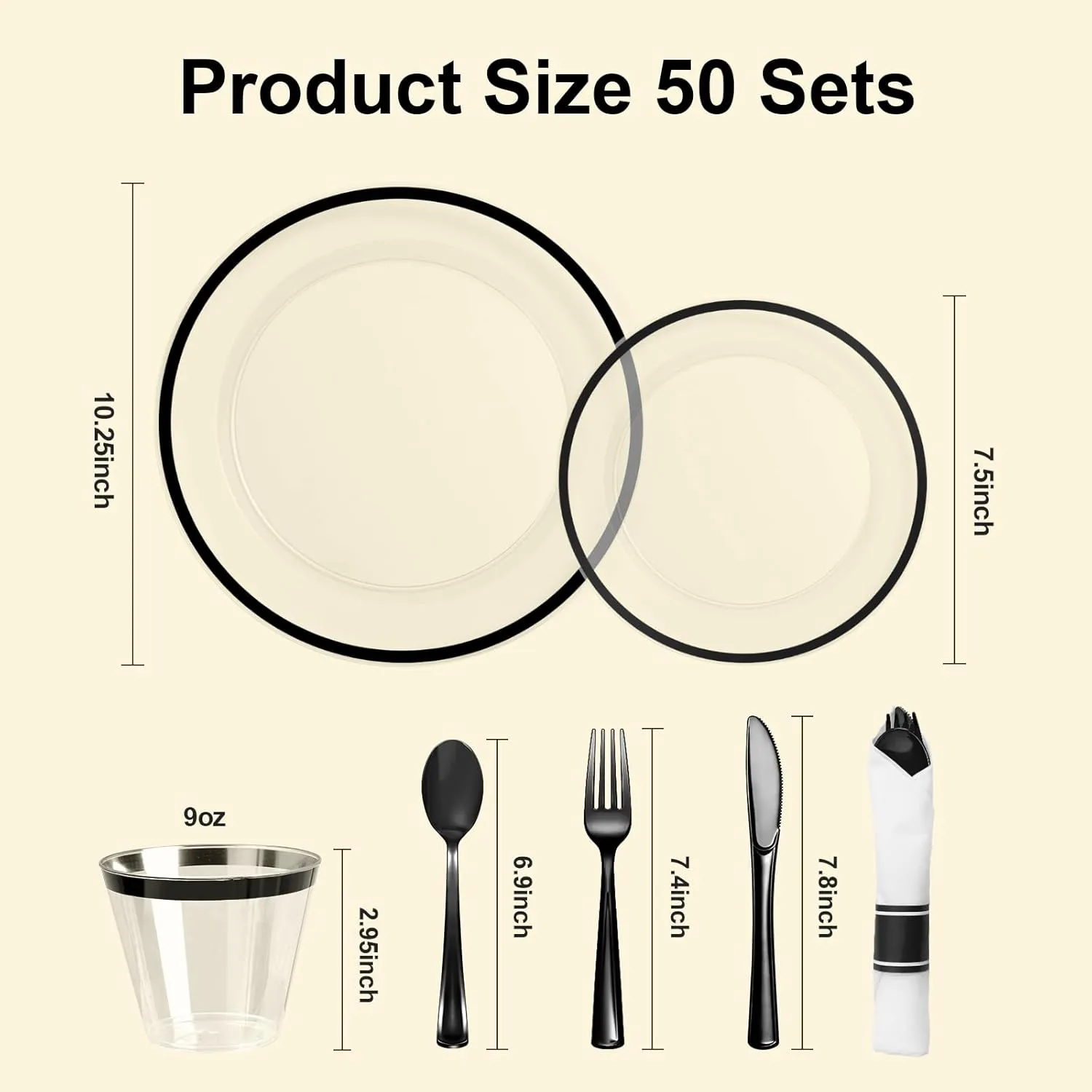 350PCS Clear & Black Disposable Party Set for 50 Guests - 100 Plates, 50 Cups, 50 Napkins & Plastic Cutlery