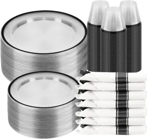 350PCS Clear & Black Disposable Party Set for 50 Guests - 100 Plates, 50 Cups, 50 Napkins & Plastic Cutlery