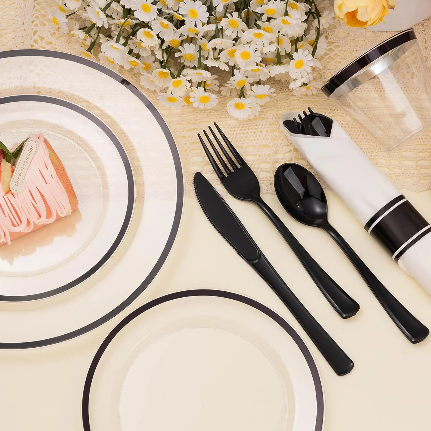 350PCS Clear & Black Disposable Party Set for 50 Guests - 100 Plates, 50 Cups, 50 Napkins & Plastic Cutlery