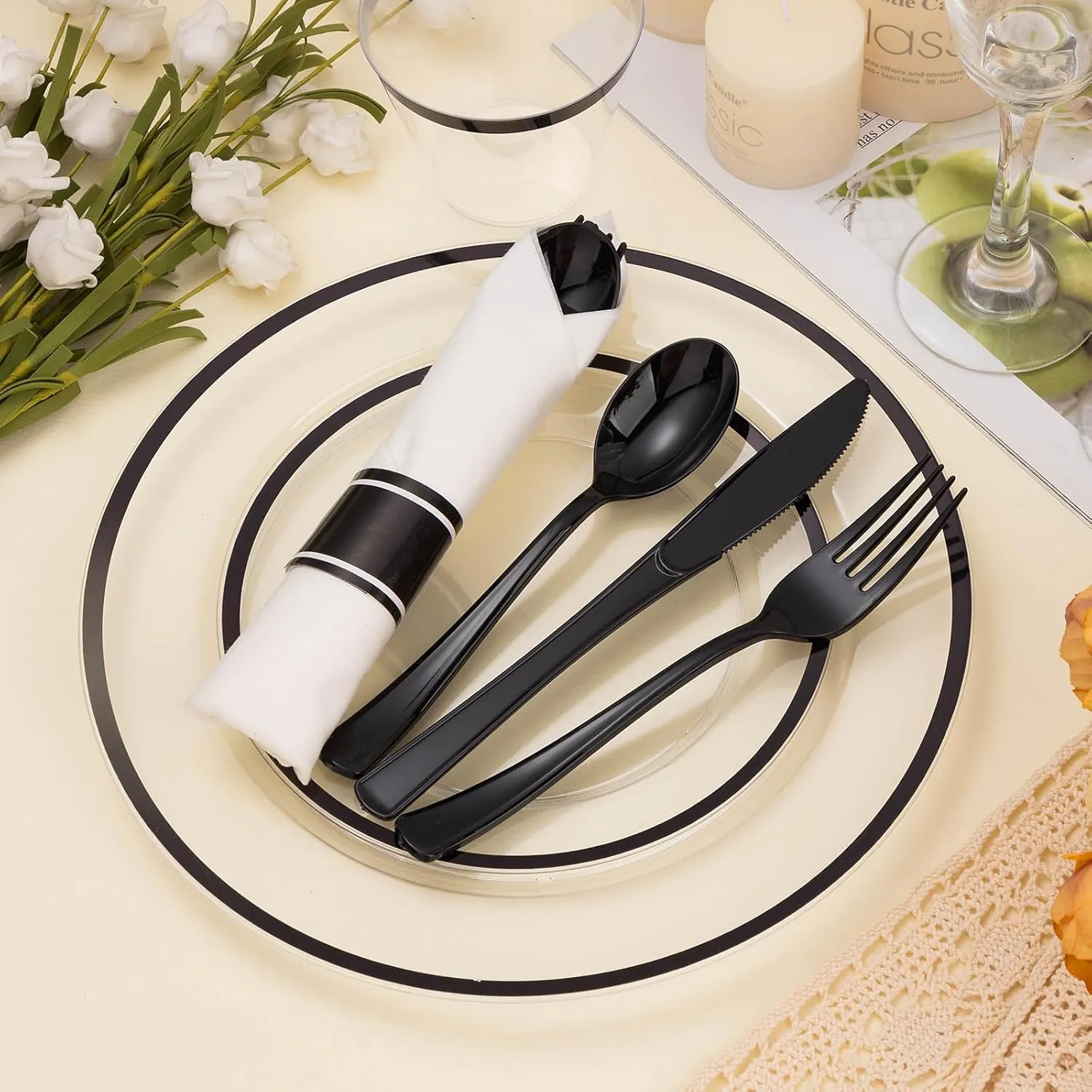 350PCS Clear & Black Disposable Party Set for 50 Guests - 100 Plates, 50 Cups, 50 Napkins & Plastic Cutlery