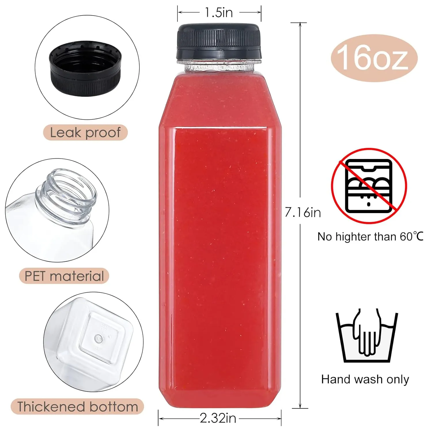 35pcs 16oz Plastic Bottles with Caps, Juice Container with Lids, Empty Plastic Juice Bottles Reusable Clear Bulk Beverage Containers with Tamper Evident Cap for Milk, Smoothie, Drinks
