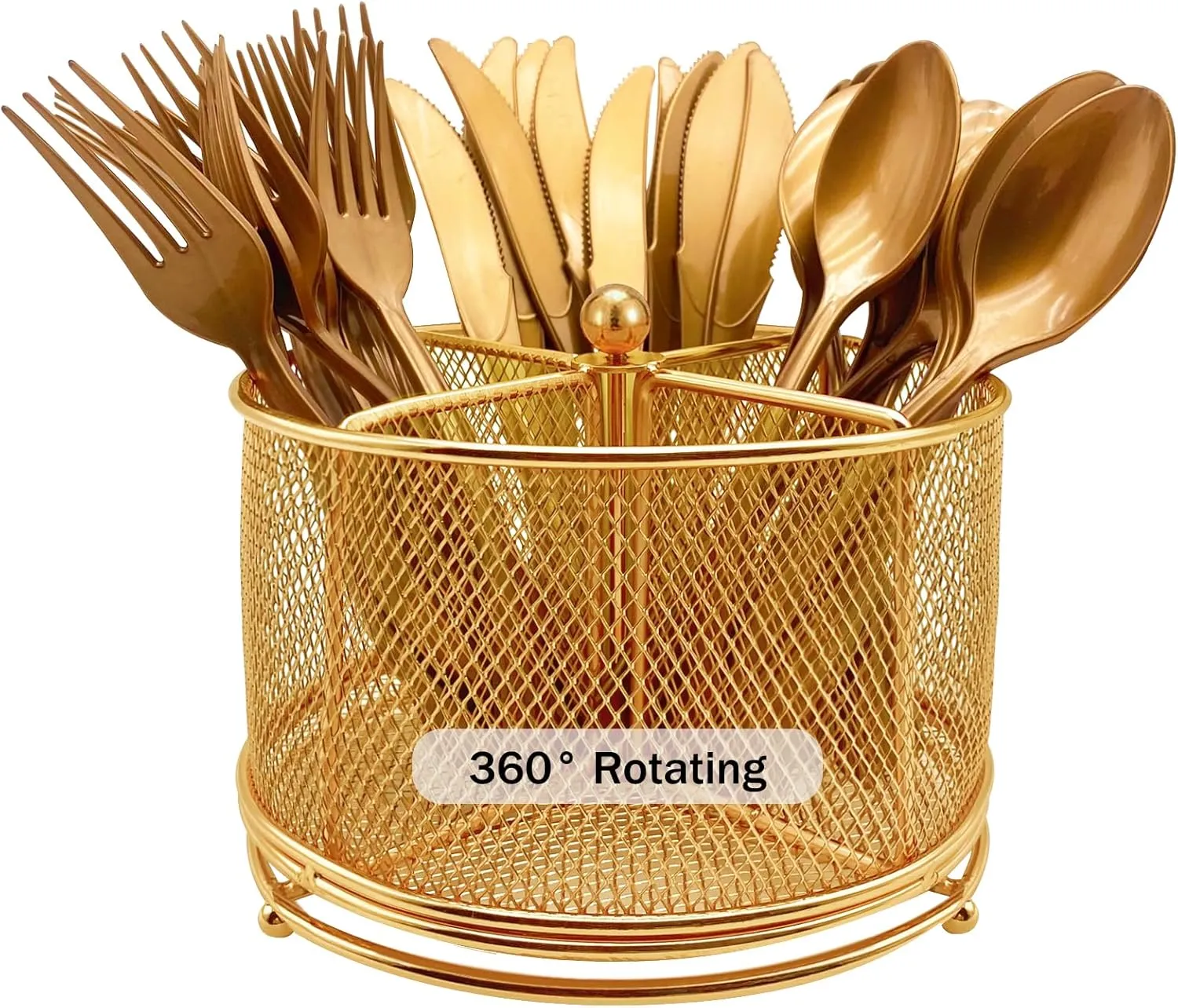 360° Rotating Metal Utensil Caddy - 4 Compartment Silverware Cutlery Holder Rotation Fork Spoon Napkin Organizer Flatware Storage Basket Party Countertop Buffet Picnic Camping Outdoor Gold