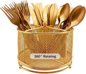 360° Rotating Metal Utensil Caddy - 4 Compartment Silverware Cutlery Holder Rotation Fork Spoon Napkin Organizer Flatware Storage Basket Party Countertop Buffet Picnic Camping Outdoor Gold