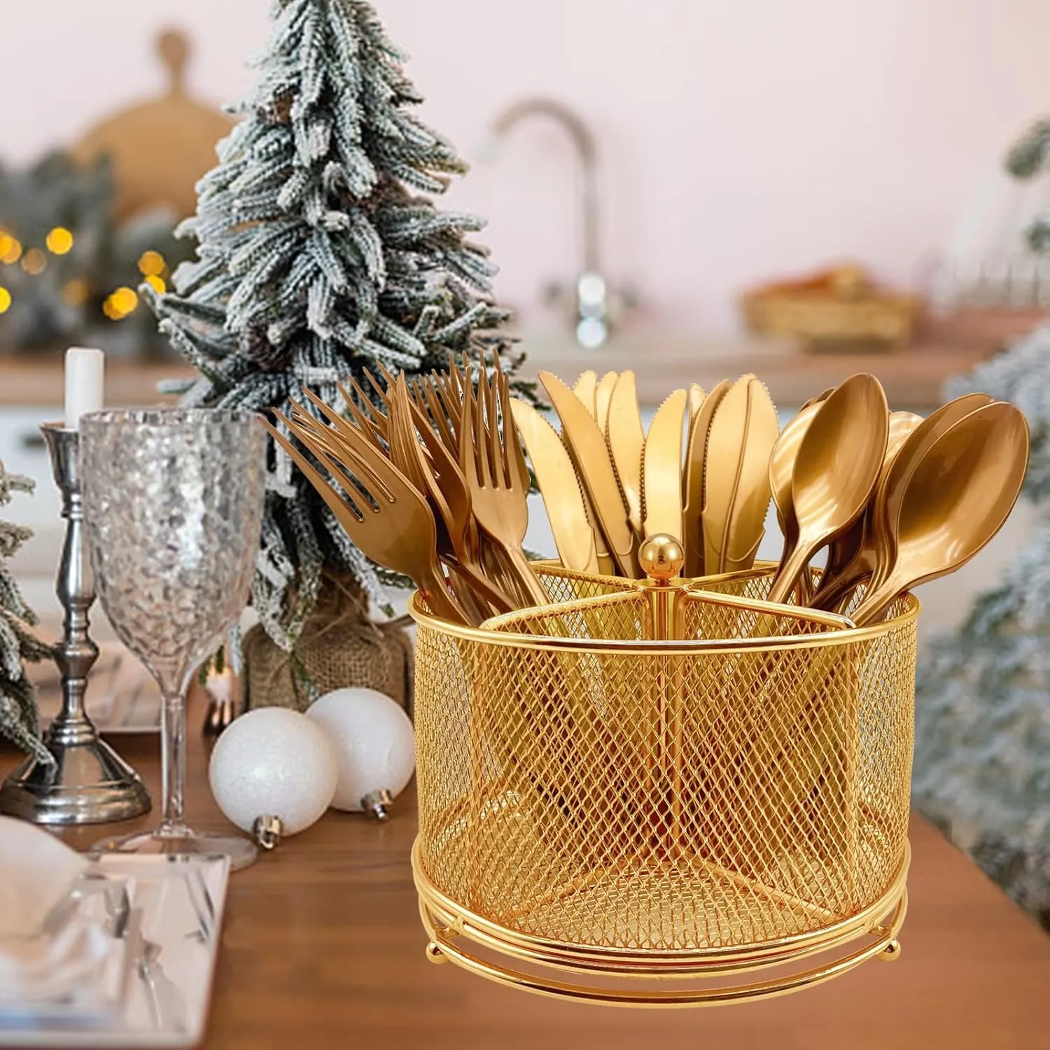 360° Rotating Metal Utensil Caddy - 4 Compartment Silverware Cutlery Holder Rotation Fork Spoon Napkin Organizer Flatware Storage Basket Party Countertop Buffet Picnic Camping Outdoor Gold