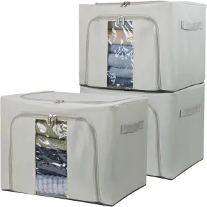 36L Clothes Storage Bins with Metal Frame, 3 Pcs Stackable Clothing Storage Boxes Containers with Lids, Foldable Oxford Fabric Clothes Organizer Bags Closet Organizers Organizing Bin for Sheet