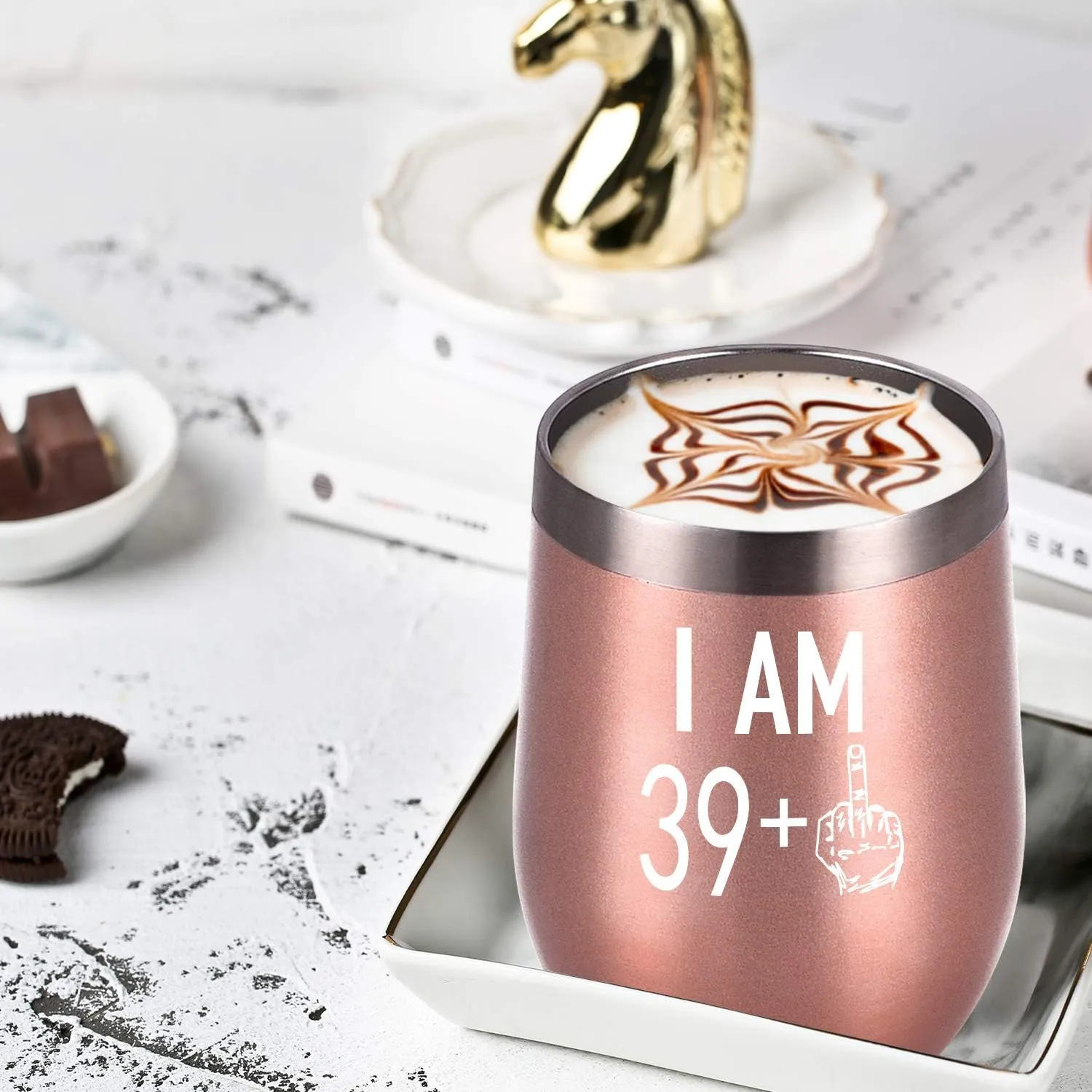 39 Plus One Middle Finger Wine Tumbler, 40th Birthday Gifts for Women Men, Wine Tumbler with Saying Funny Gifts Idea for Wife Mom Friends Coworkers, 12 Oz Insulated Wine Tumbler Glasses, Rose Gold