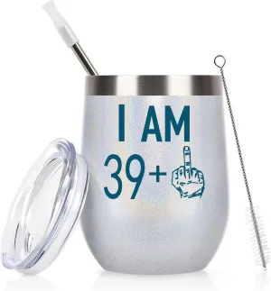 39 Plus One Middle Finger Wine Tumbler, 40th Birthday Gifts for Women Men, Wine Tumbler with Saying Funny Gifts Idea for Wife Mom Friends Coworkers, 12 Oz Insulated Wine Tumbler Glasses, White