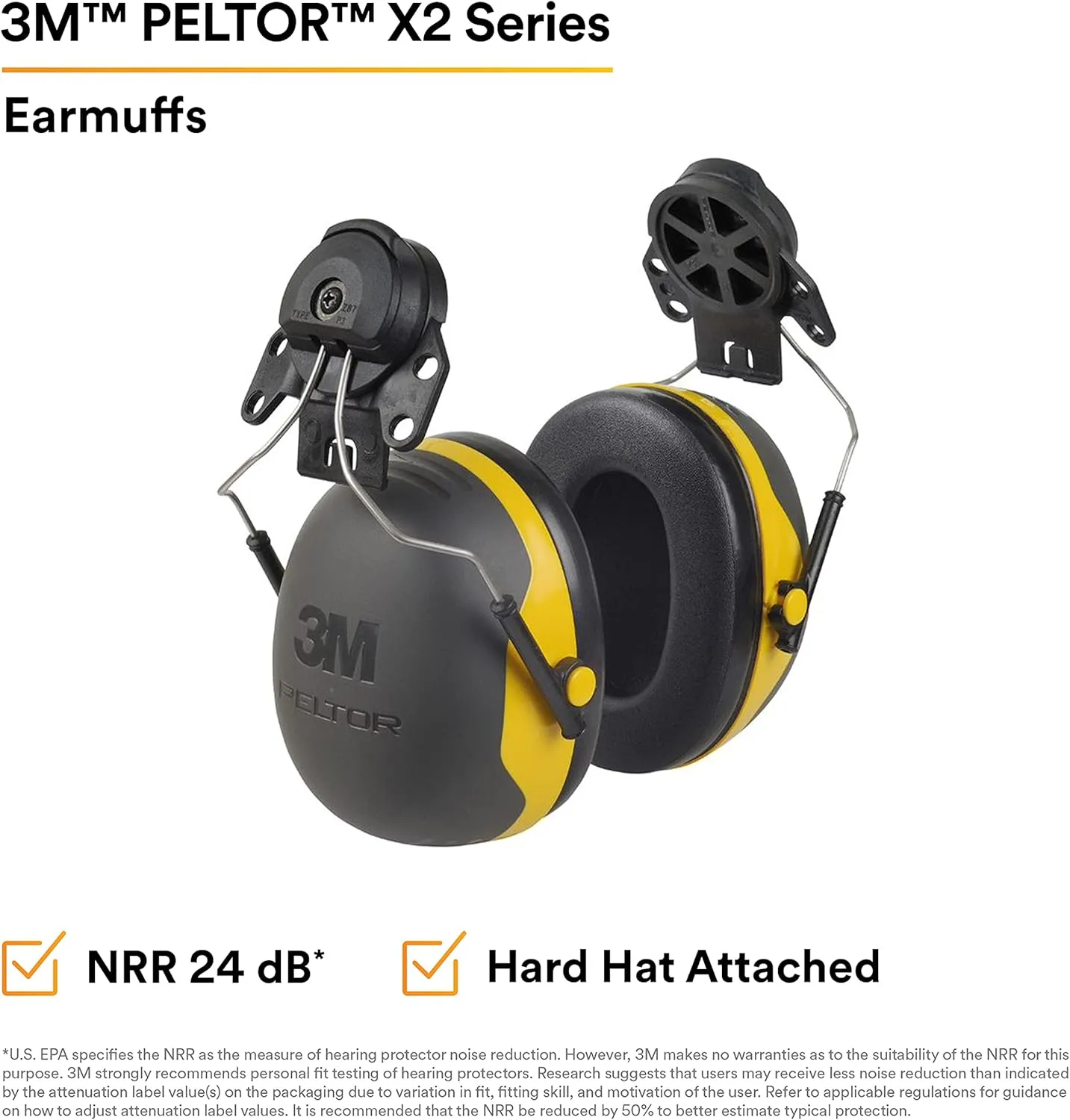 3M PELTOR Hearing Protection Earmuffs, X2 Series, Noise Protection NRR 24 dB, Construction, Manufacturing, Maintenance
