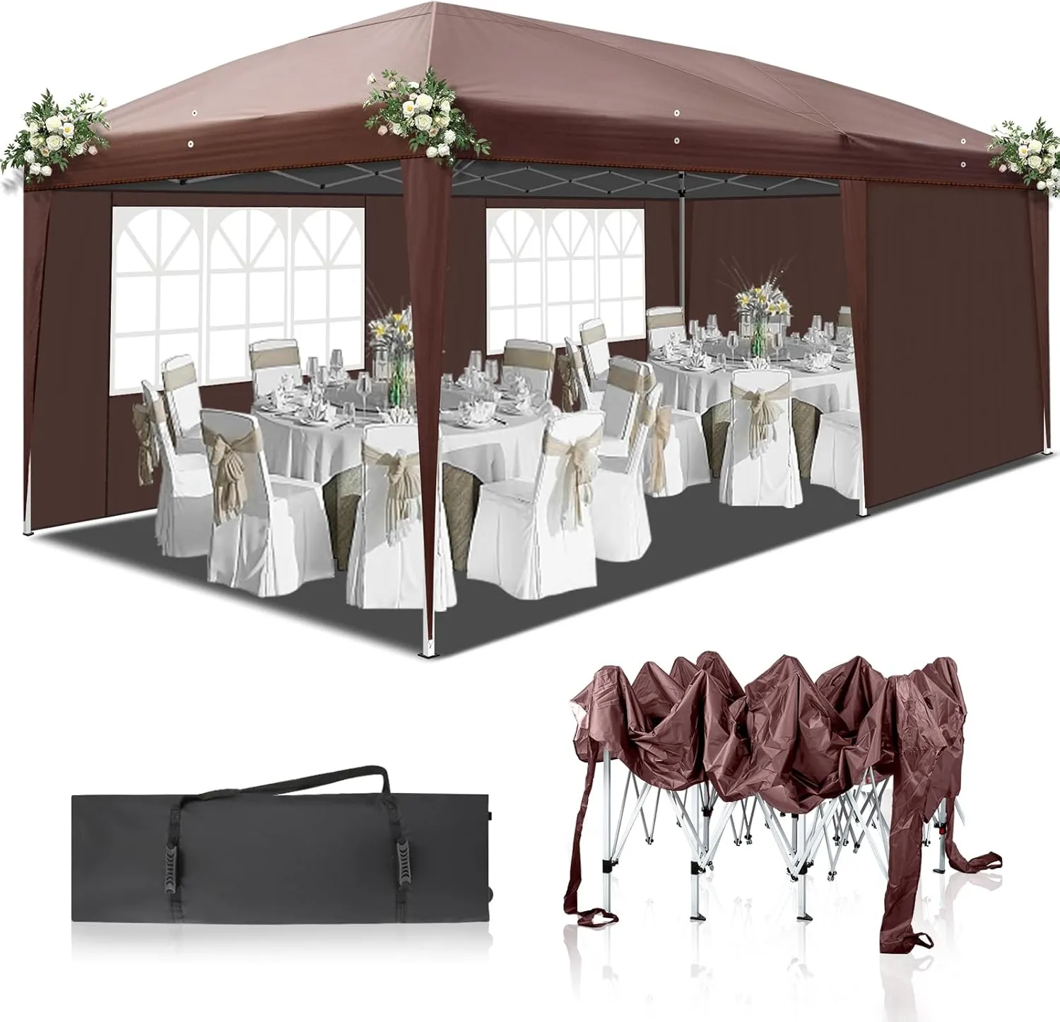 3x6m Instant Setup Folding Tent, Dark Coffee Waterproof Shelter with 2 Windows & 2 Doors - Heavy-Duty Oxford Fabric for Camping, Events, Outdoor Use