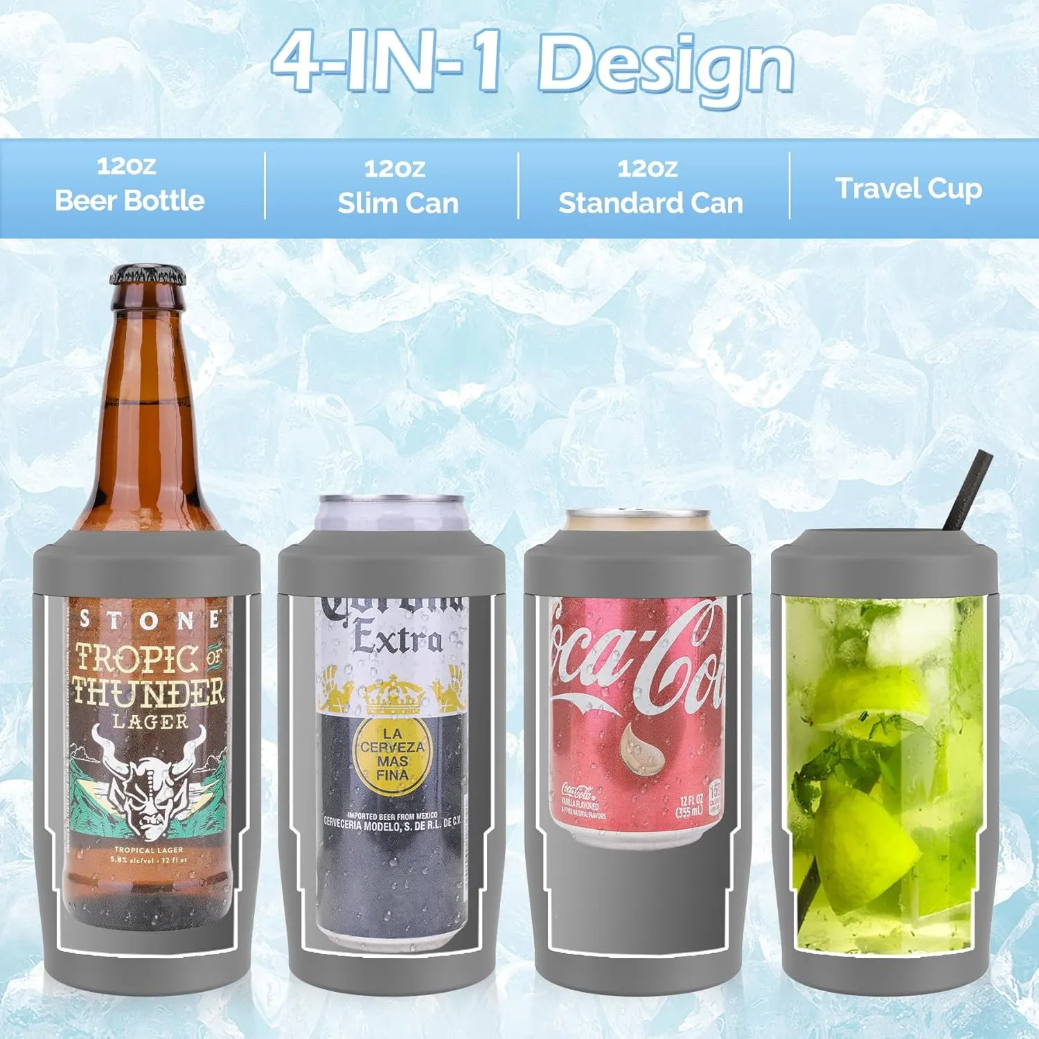 4-in-1 Skinny Can Cooler Double Wall Stainless Steel Insulated Can Holder,Can Coozie, Works With 12 Oz Slim Can,Standard Cans,Beer Bottles & As Pint Cups (Dark Gray)