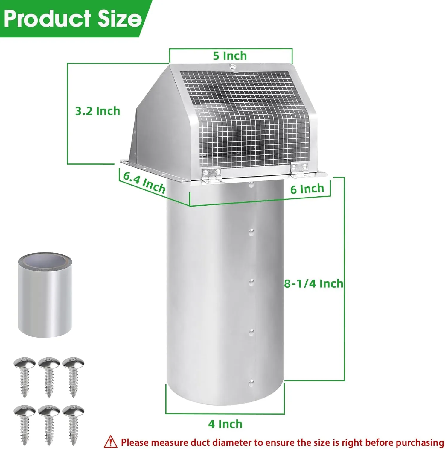 4 Inch Hooded Wall Vent with Screen and Damper,4" Dryer Vent Cover Outside w/Removable Mesh,Wall Mount External Extractor Wall Exhaust Vents Cap for House Outdoor Air Exhaust, Stainless Steel