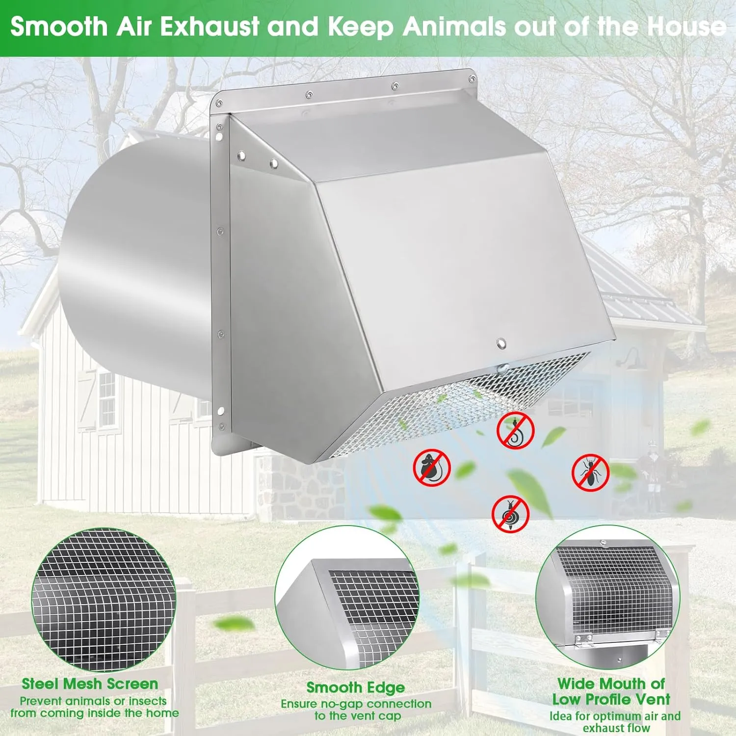 4 Inch Hooded Wall Vent with Screen and Damper,4" Dryer Vent Cover Outside w/Removable Mesh,Wall Mount External Extractor Wall Exhaust Vents Cap for House Outdoor Air Exhaust, Stainless Steel
