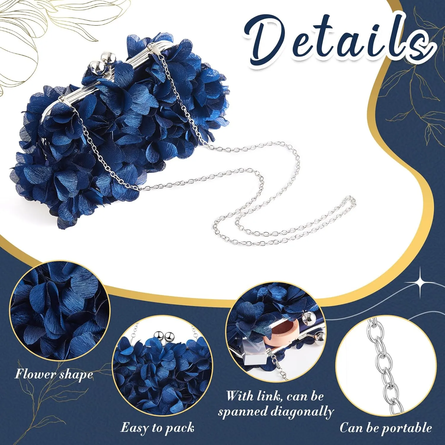 4 Pcs Valentine's Day Flower Clutch Rhinestone Jewelry Set Rose Clutch Handbags with Detachable Strap Detachable Necklace Earrings Bracelets for Wedding Party Prom Valentine's Day Gift