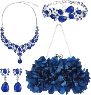 4 Pcs Valentine's Day Flower Clutch Rhinestone Jewelry Set Rose Clutch Handbags with Detachable Strap Detachable Necklace Earrings Bracelets for Wedding Party Prom Valentine's Day Gift