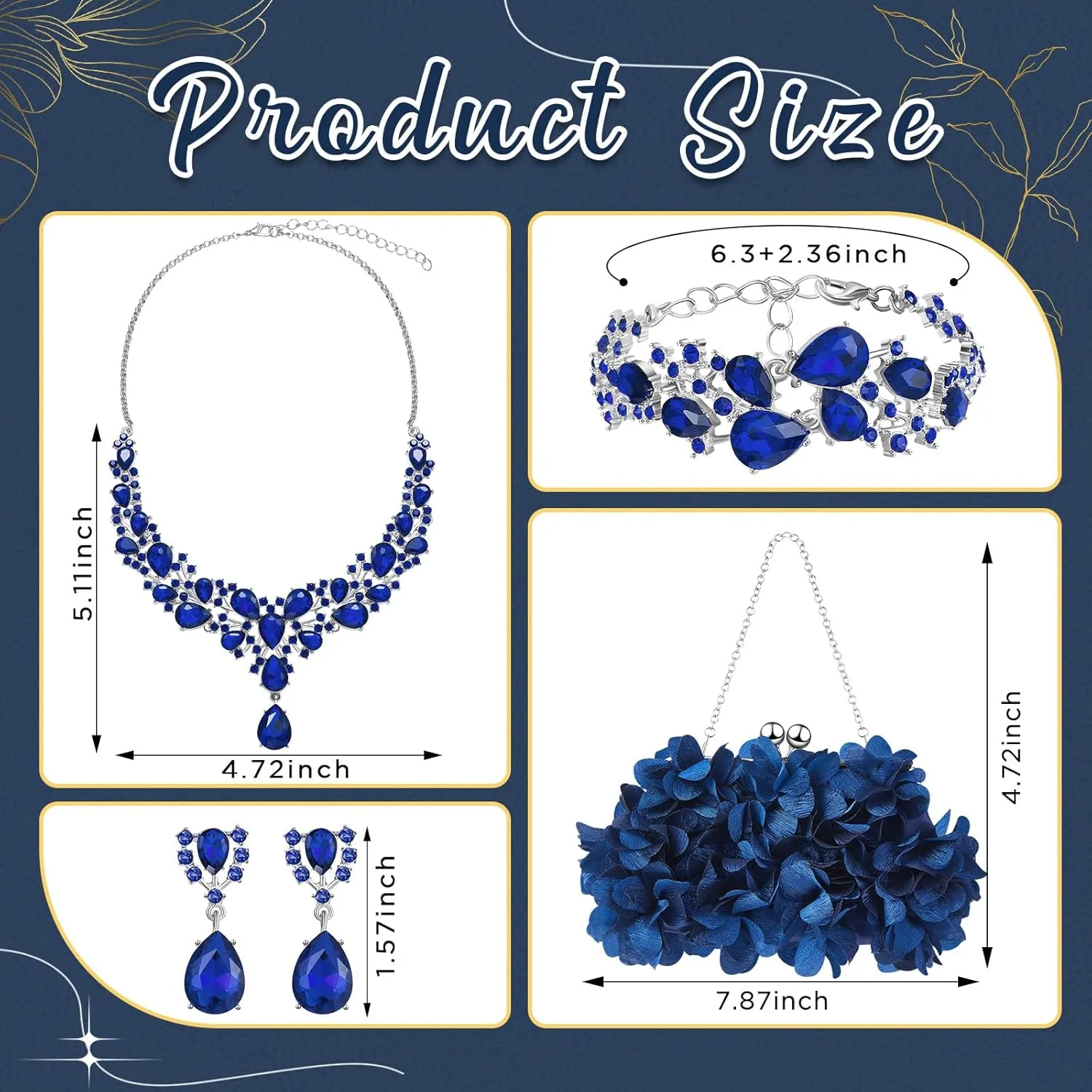 4 Pcs Valentine's Day Flower Clutch Rhinestone Jewelry Set Rose Clutch Handbags with Detachable Strap Detachable Necklace Earrings Bracelets for Wedding Party Prom Valentine's Day Gift