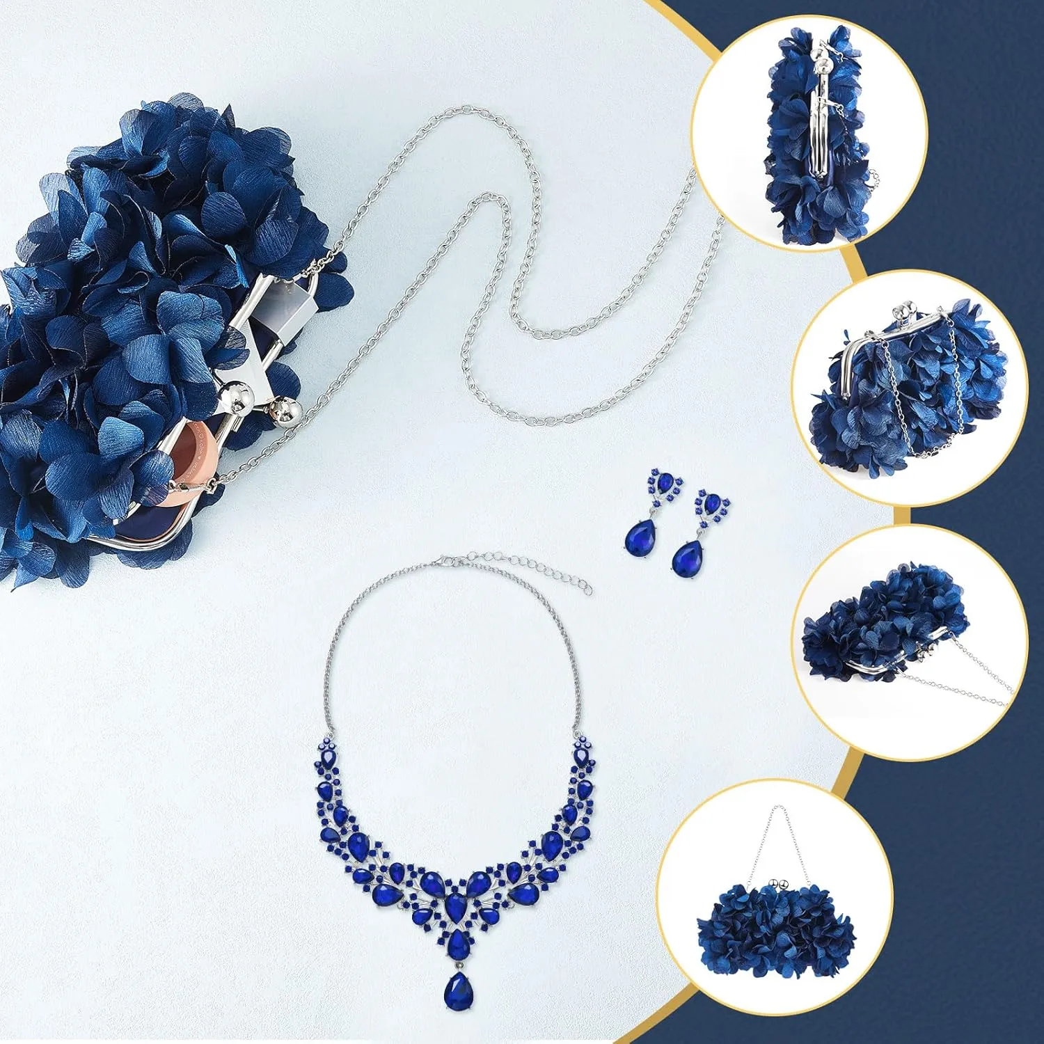 4 Pcs Valentine's Day Flower Clutch Rhinestone Jewelry Set Rose Clutch Handbags with Detachable Strap Detachable Necklace Earrings Bracelets for Wedding Party Prom Valentine's Day Gift