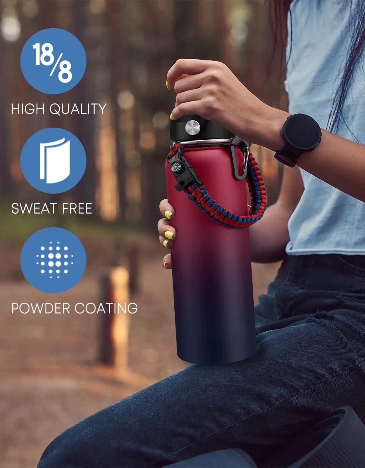 40 OZ Stainless Steel Water Bottle - with Straw, Leak Proof & BPA-Free, 40oz Insulated Water Bottles Thermal Flask Jug with Paracord Handle & Straw Spout Lids, Cold for 48 Hrs