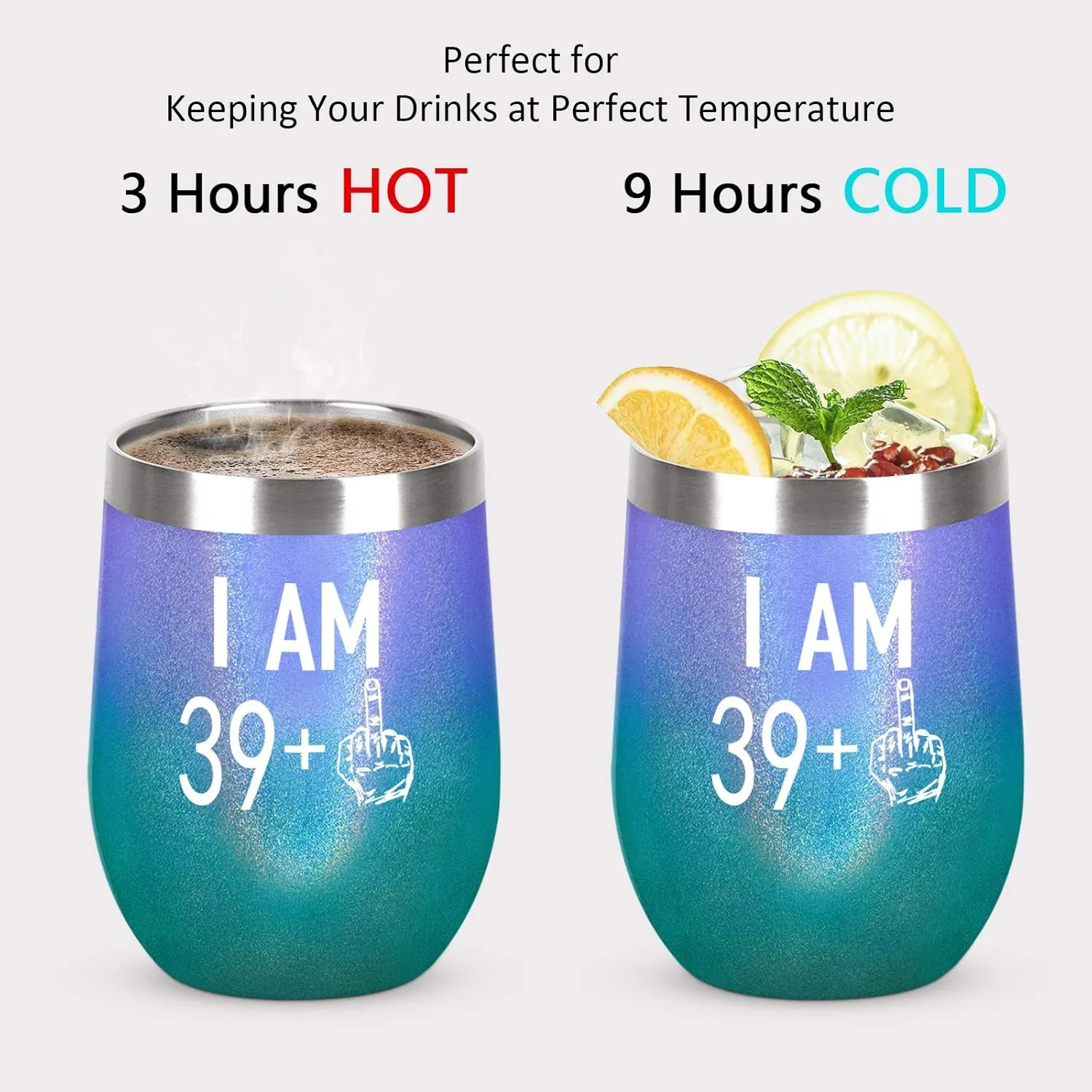 40th Birthday Gifts for Women, Wine Tumbler with Saying Funny Gifts for Wife Mom Friends Coworkers, 39 Plus One Middle Finger Wine Tumbler, 12 Oz Insulated Wine Tumbler Glasses, Glitter Peacock Violet