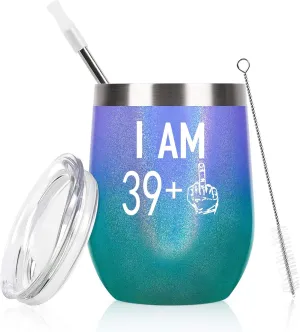 40th Birthday Gifts for Women, Wine Tumbler with Saying Funny Gifts for Wife Mom Friends Coworkers, 39 Plus One Middle Finger Wine Tumbler, 12 Oz Insulated Wine Tumbler Glasses, Glitter Peacock Violet