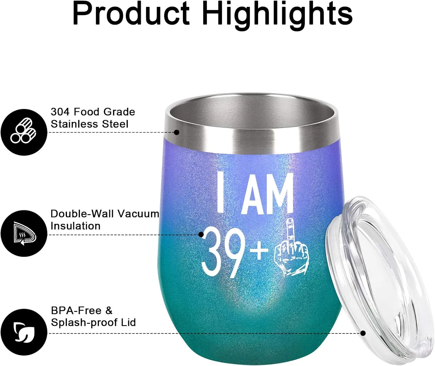40th Birthday Gifts for Women, Wine Tumbler with Saying Funny Gifts for Wife Mom Friends Coworkers, 39 Plus One Middle Finger Wine Tumbler, 12 Oz Insulated Wine Tumbler Glasses, Glitter Peacock Violet
