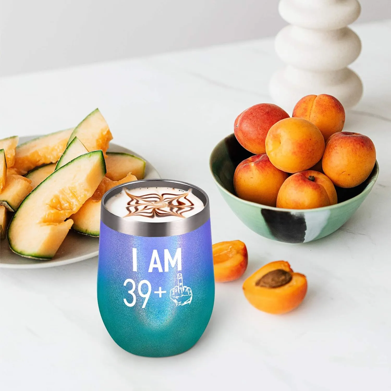 40th Birthday Gifts for Women, Wine Tumbler with Saying Funny Gifts for Wife Mom Friends Coworkers, 39 Plus One Middle Finger Wine Tumbler, 12 Oz Insulated Wine Tumbler Glasses, Glitter Peacock Violet