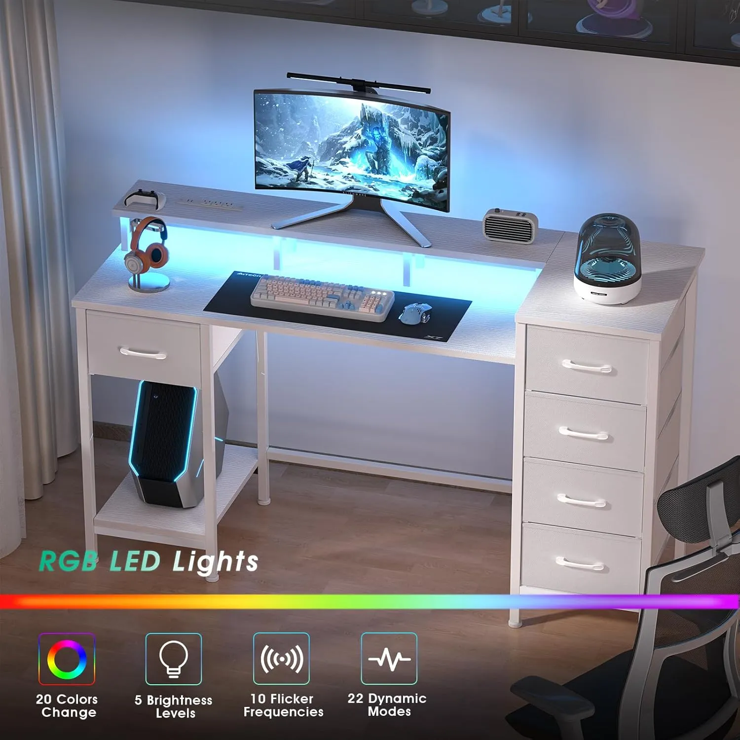 47 Inch Computer Gaming Desk with Power Outlets LED Lights Reversible Home Office with Adjustable Fabric Storage Drawers for Working Writing Study, White