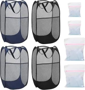 4Pcs Mesh Pop Up Laundry Hamper, FHDUSRYO Foldable Pop Up Hamper, Collapsible Laundry Basket with Carry Handles, Portable Dirty Clothes Basket with 4 Wash Bags, Mesh Hamper for Dorm Bedroom Travel
