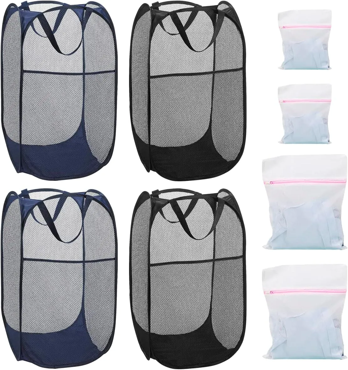 4Pcs Mesh Pop Up Laundry Hamper, FHDUSRYO Foldable Pop Up Hamper, Collapsible Laundry Basket with Carry Handles, Portable Dirty Clothes Basket with 4 Wash Bags, Mesh Hamper for Dorm Bedroom Travel
