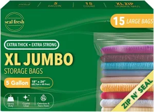 5 Gallon Large Plastic Storage Bags – 18" x 24" (15 Count) – Reusuable XXL Extra Large Heavy Duty Clear Jumbo Freezer Zip Bags with Sealable Zipper Top For Clothes, Travel, Moving
