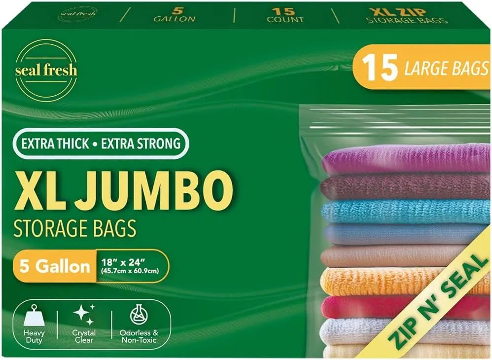 5 Gallon Large Plastic Storage Bags – 18" x 24" (15 Count) – Reusuable XXL Extra Large Heavy Duty Clear Jumbo Freezer Zip Bags with Sealable Zipper Top For Clothes, Travel, Moving