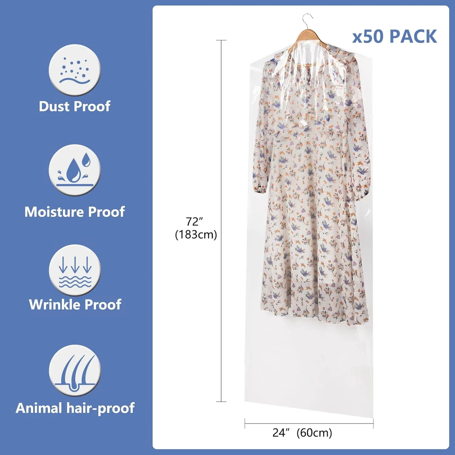 50 Pack 72inch Extra Long Plastic Garment Bag Dust Proof Clear Plastic Clothes Covers for Hanging Clothes Dry Cleaning Bags for Long Dresses, Skirt, Coat(24x72inch)