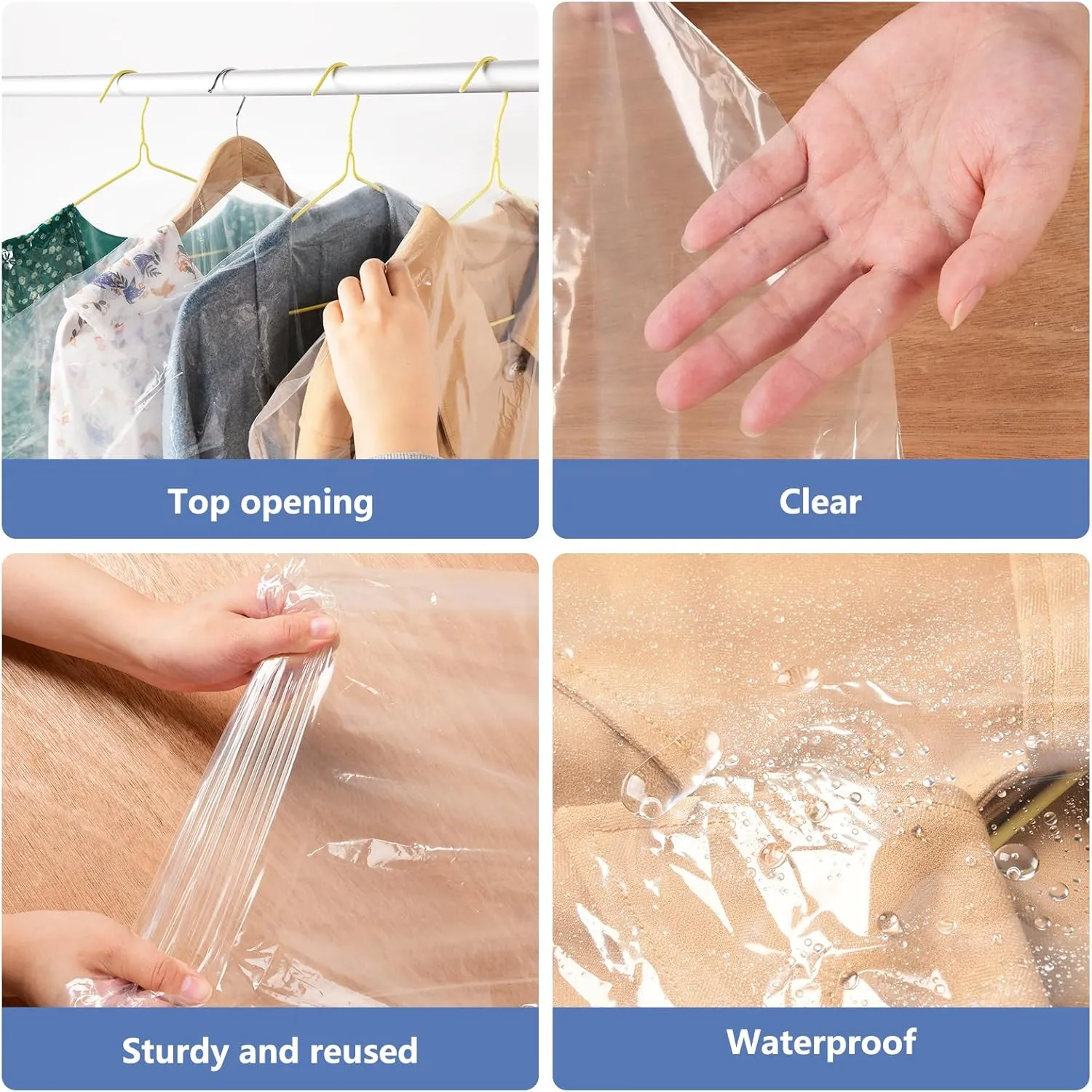 50 Pack 72inch Extra Long Plastic Garment Bag Dust Proof Clear Plastic Clothes Covers for Hanging Clothes Dry Cleaning Bags for Long Dresses, Skirt, Coat(24x72inch)
