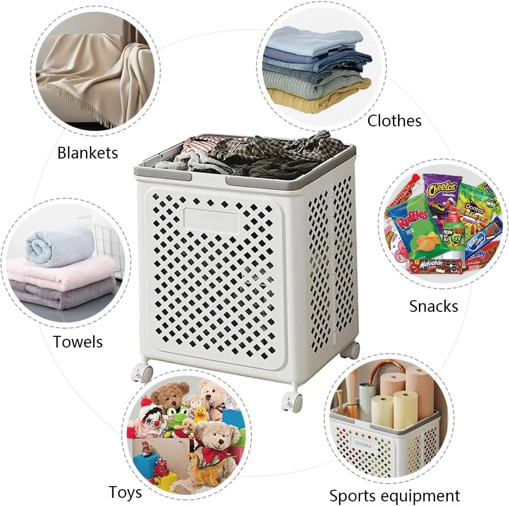 50L foldable storage basket, small plastic laundry basket with wheels and handles, space-saving rolling basket, small square laundry basket.