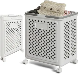 50L foldable storage basket, small plastic laundry basket with wheels and handles, space-saving rolling basket, small square laundry basket.