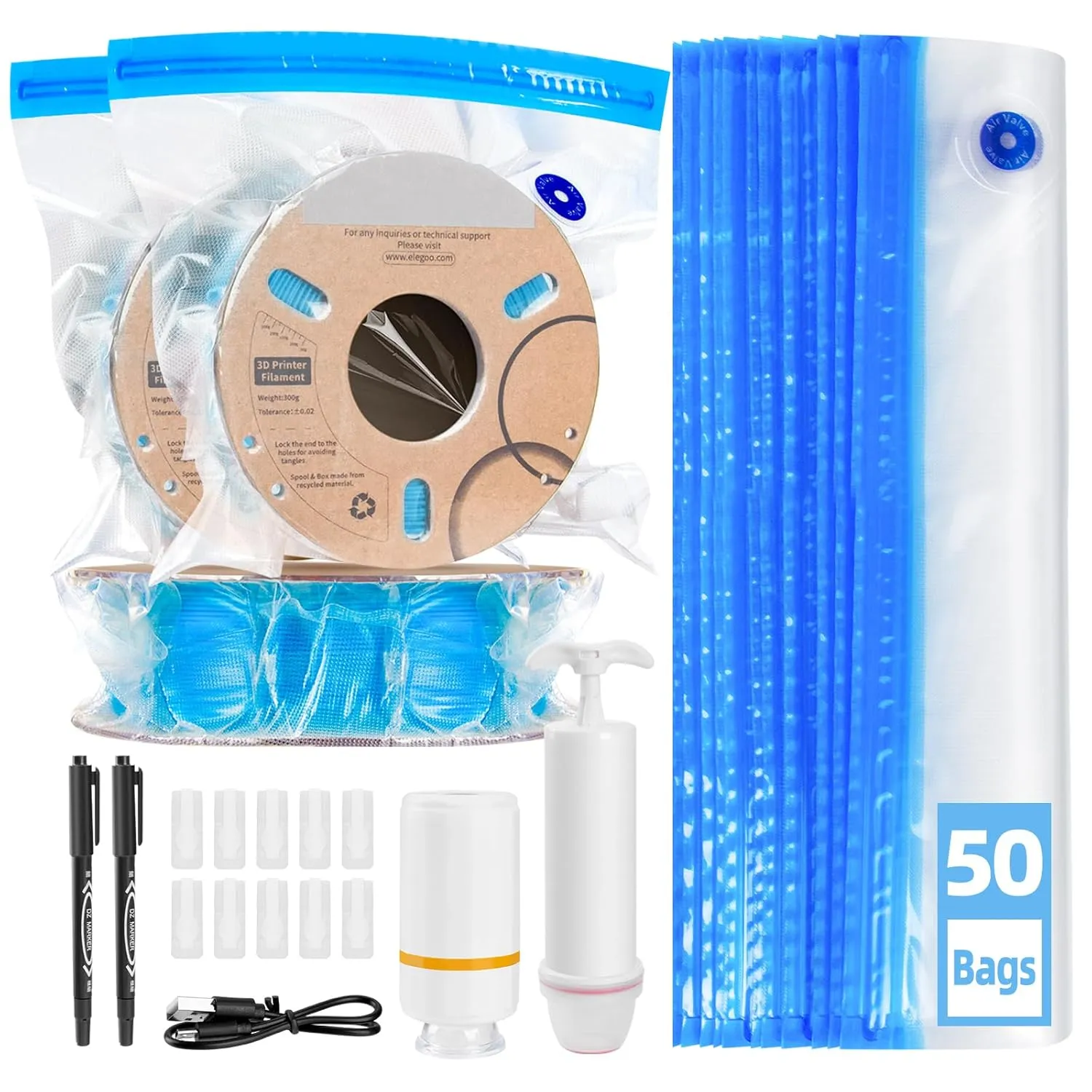 50PCS Filament Storage Bags Kit with Electric Pump and Hand Pump, 3D Printer Filament Storage Bags Vacuum Sealed Kit Designed for 3D Filament Storage and Keep Filament Dry (11.8 x 13.4 in)