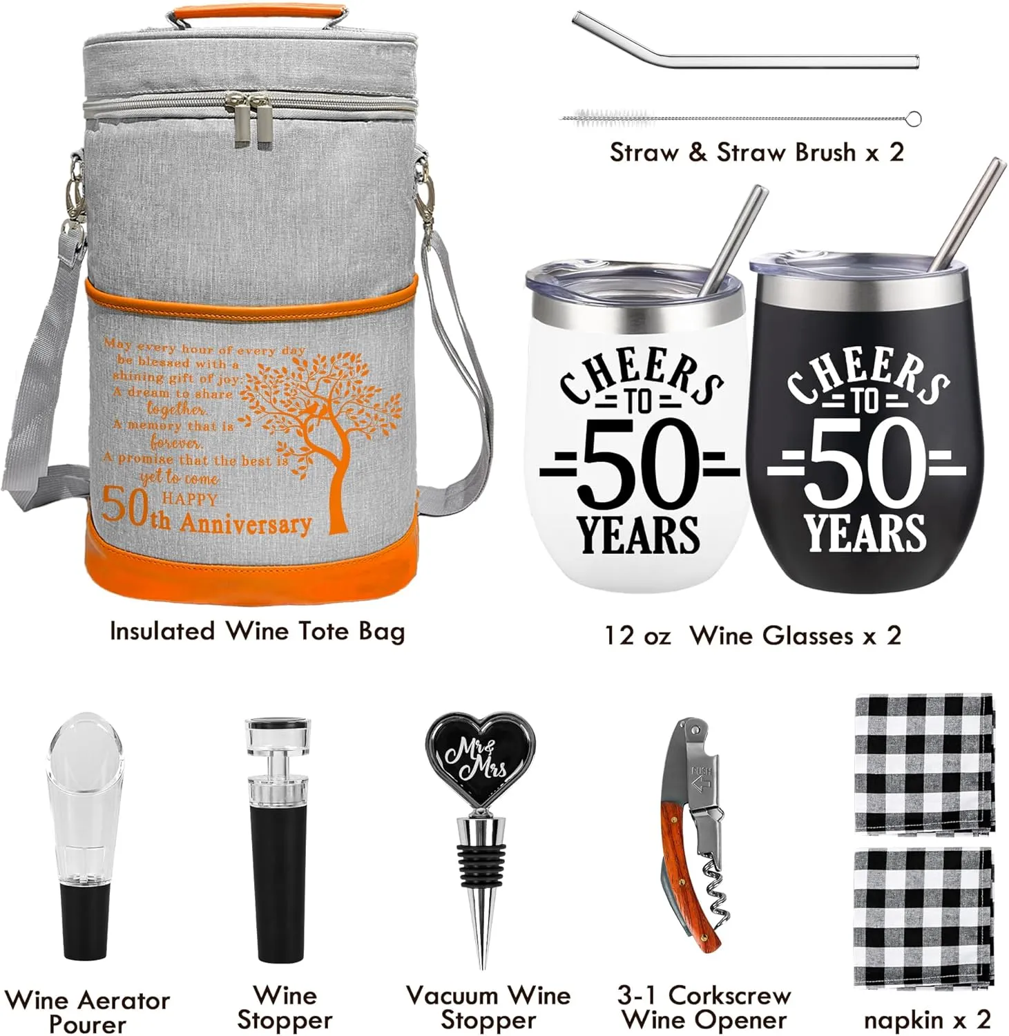 50th Anniversary Wine Cooler Bag Gift for Couples Valentines Day, 50th Anniversary Wedding Gifts for Parents, Friend Her Him, 50 Years Mr. & Mrs Insulated Wine Cooler Tote Tumbler and Wine Accessories